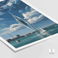 Portsmouth Print | Hampshire Coast Wall Decor featuring the iconic Spinnaker Tower and sailing boats in vibrant coastal scenery.
