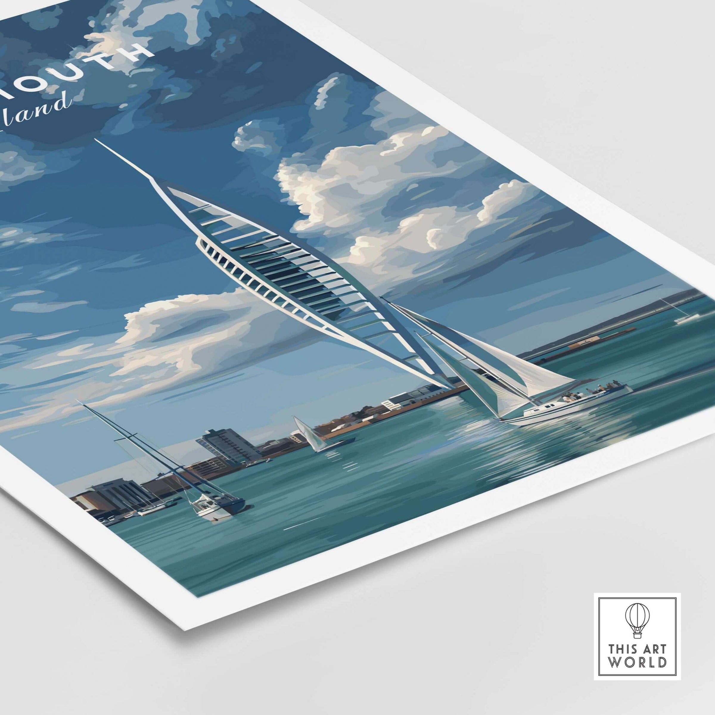 Portsmouth Print | Hampshire Coast Wall Decor featuring the iconic Spinnaker Tower and sailing boats in vibrant coastal scenery.