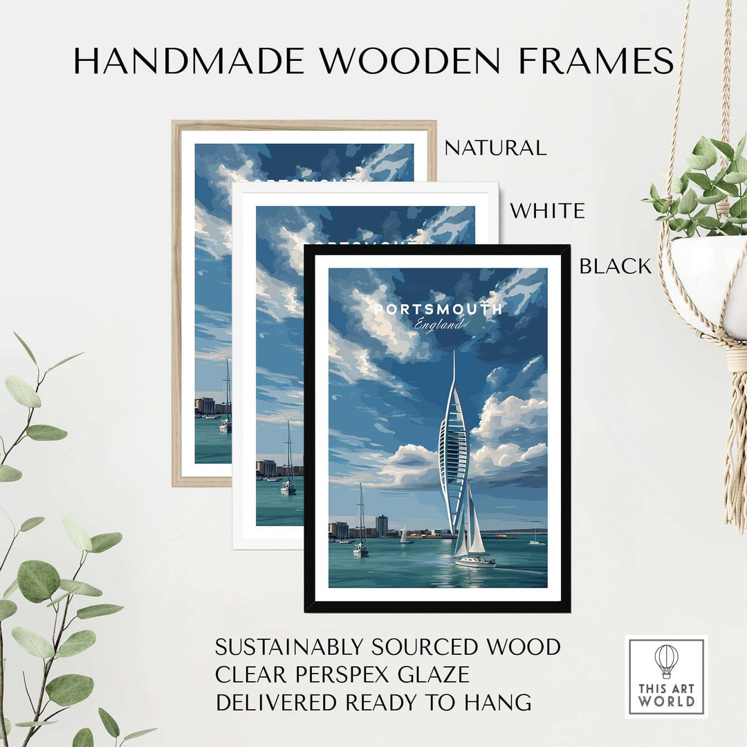 Portsmouth Print | Hampshire Coast Wall Decor in handmade wooden frames, showcasing natural, white, and black options.