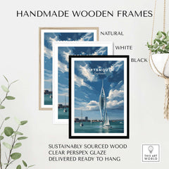 Portsmouth Print | Hampshire Coast Wall Decor in handmade wooden frames, showcasing natural, white, and black options.