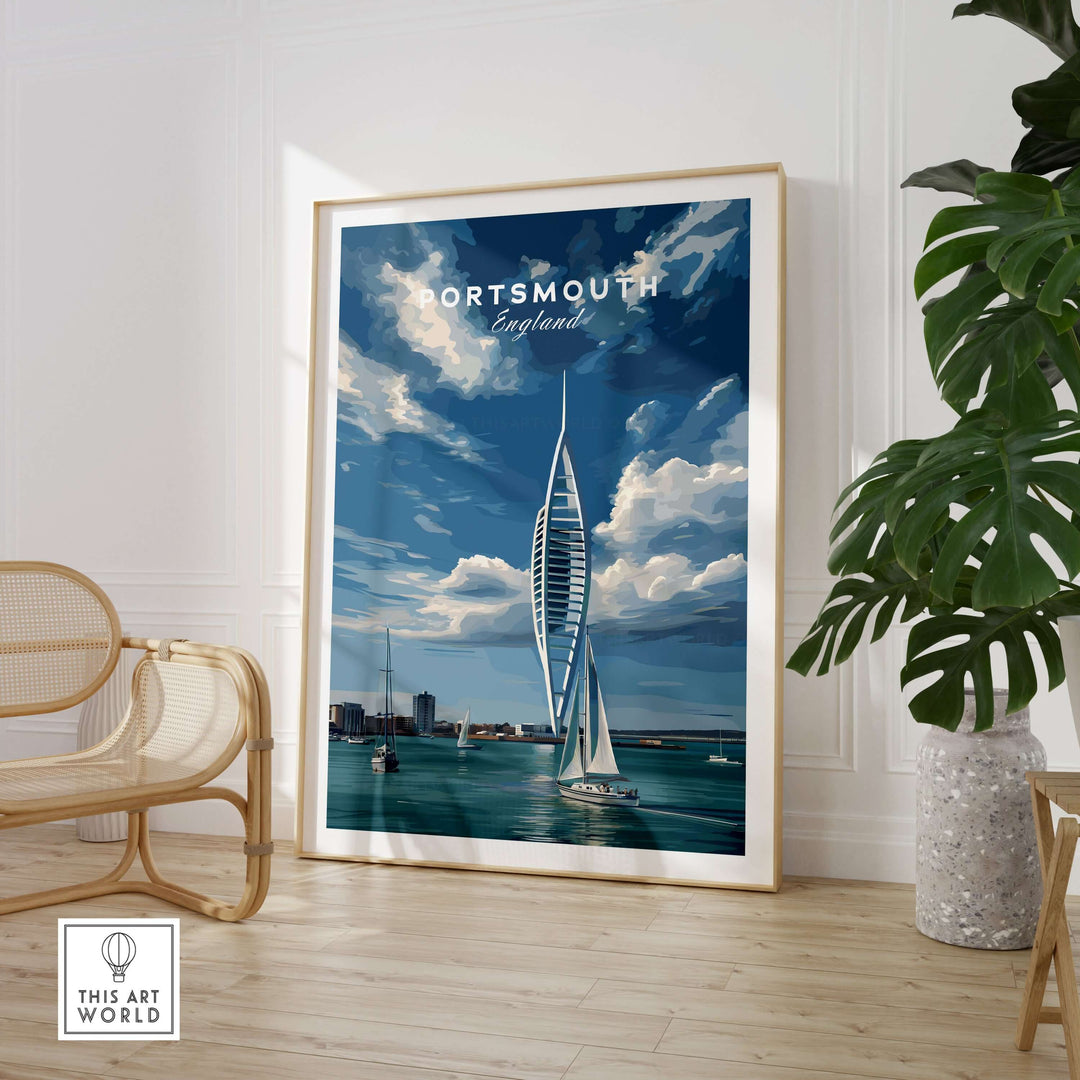 Portsmouth Print | Hampshire Coast Wall Decor showcasing a vibrant depiction of Portsmouth with boats and a dynamic skyline.