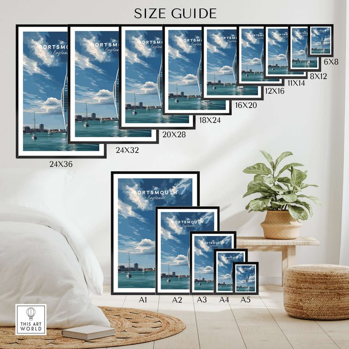 Portsmouth Print | Hampshire Coast Wall Decor size guide showcasing various frame sizes and layouts on a modern interior setting.