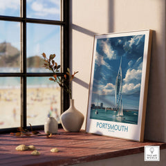 Portsmouth England Spinnaker Tower Art Print | Sailing Waterfront Poster displayed on a windowsill with coastal view.