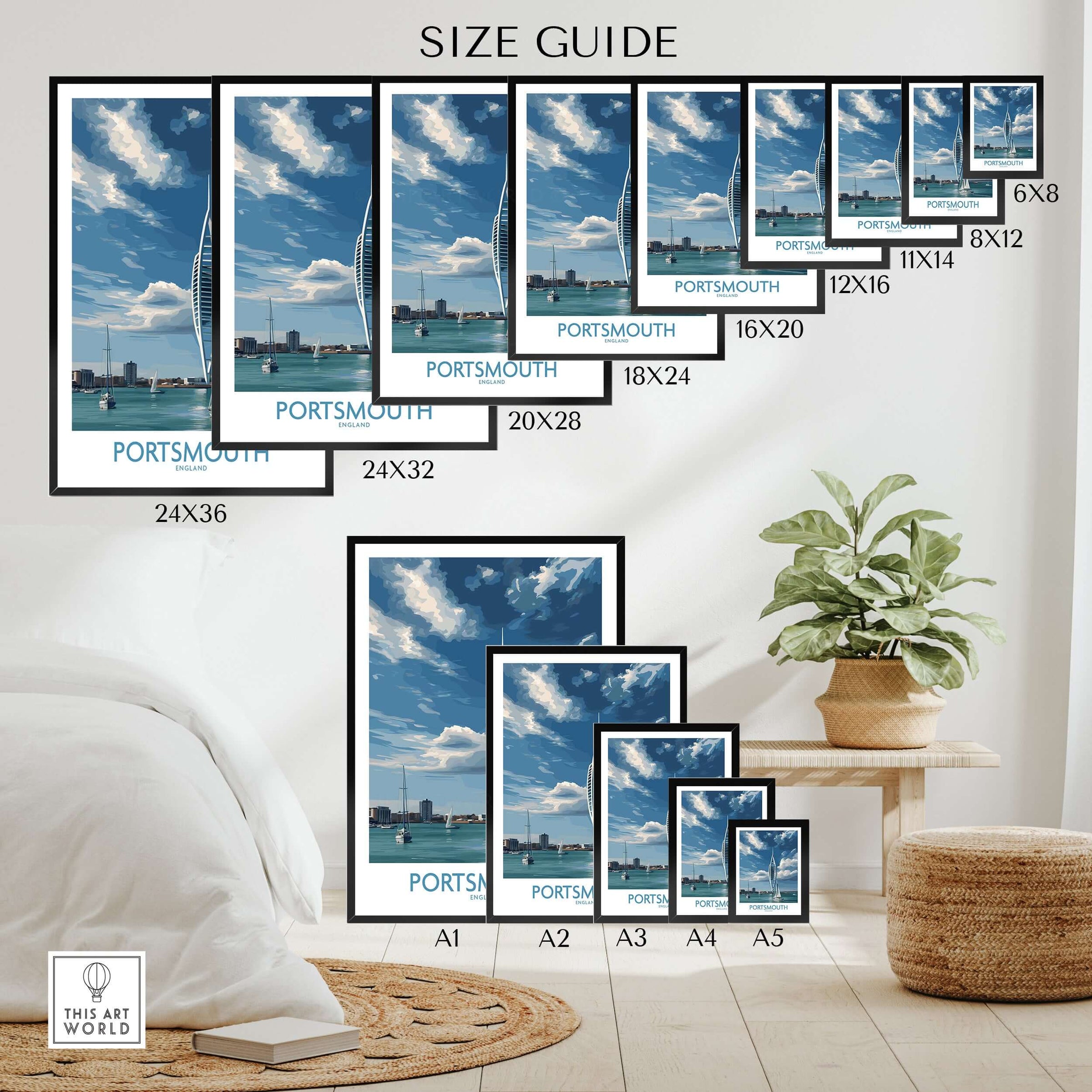 Portsmouth England Spinnaker Tower Art Print | Sailing Waterfront Poster size guide with various frame dimensions