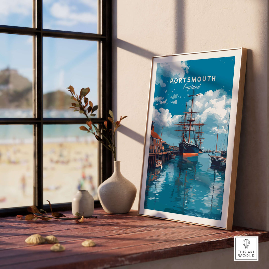 Portsmouth Victory Ship Harbour Print | Maritime History Wall Art displayed in a sunny interior against a scenic seaside backdrop.