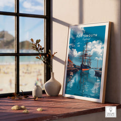 Portsmouth Victory Ship Harbour Print | Maritime History Wall Art displayed against a sunny beach backdrop.