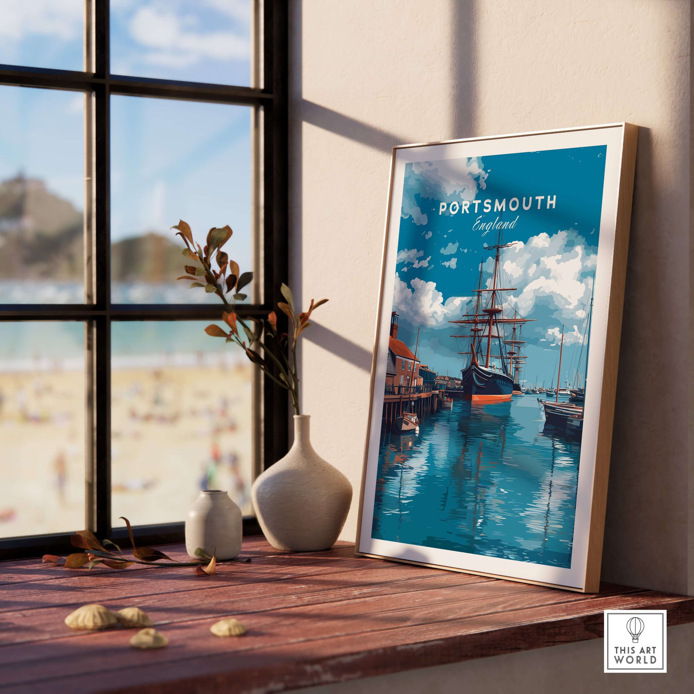 Portsmouth Victory Ship Harbour Print | Maritime History Wall Art displayed against a sunny beach backdrop.