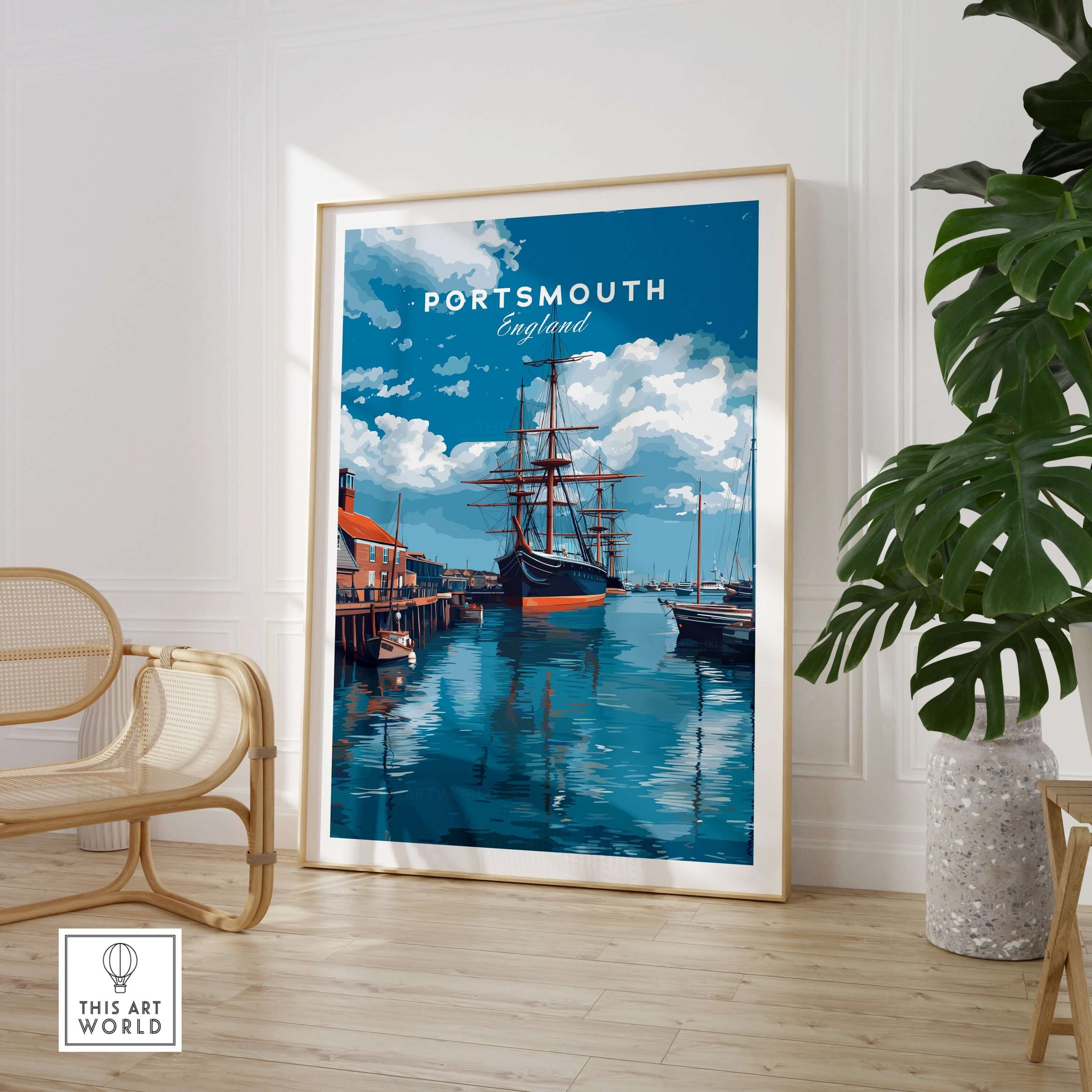 Portsmouth Victory Ship Harbour Print | Maritime History Wall Art displayed in a modern interior with nautical decor.