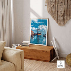 Portsmouth Victory Ship Harbour Print | Maritime History Wall Art displayed in a stylish room with nautical decor.