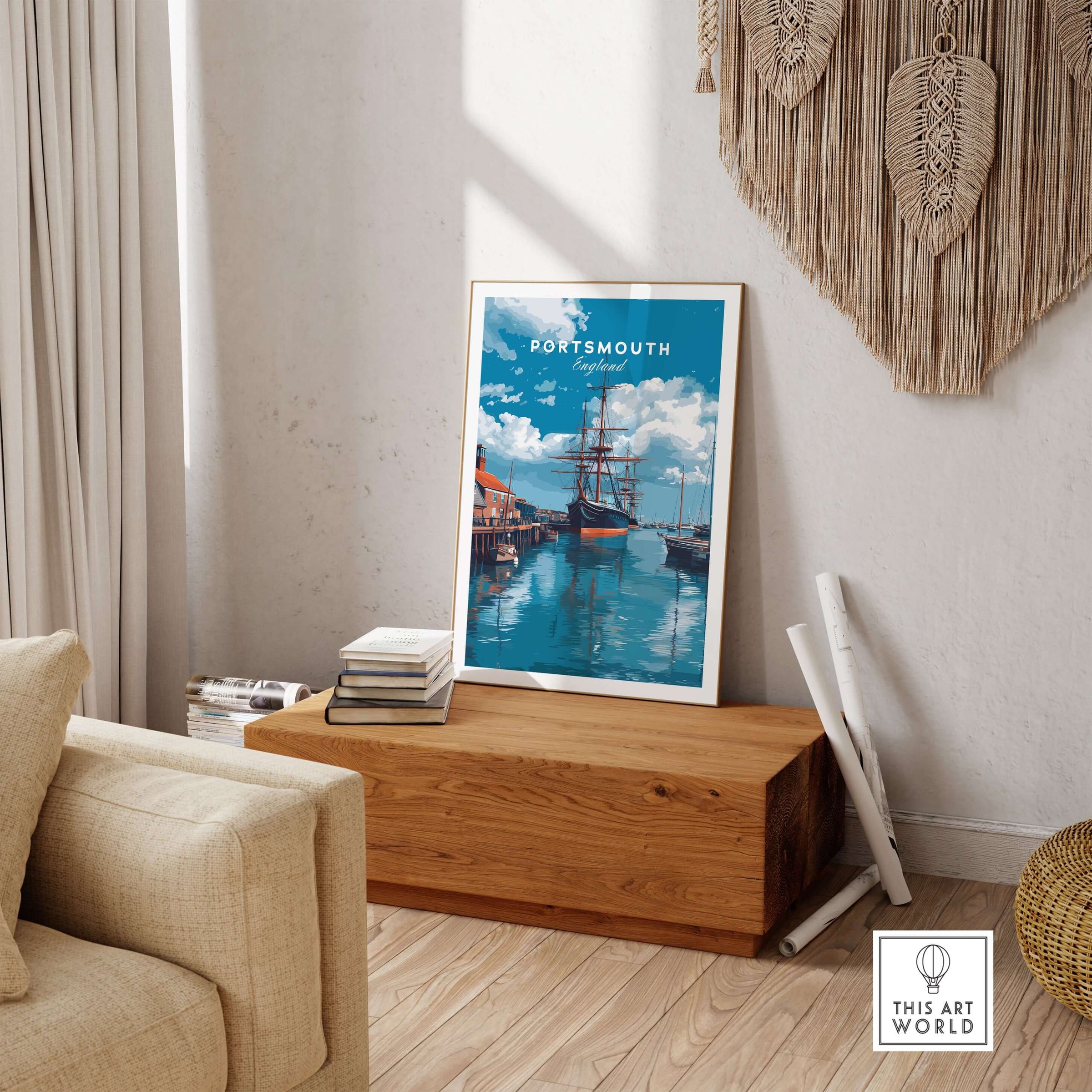 Portsmouth Victory Ship Harbour Print | Maritime History Wall Art displayed in a stylish room with nautical decor.