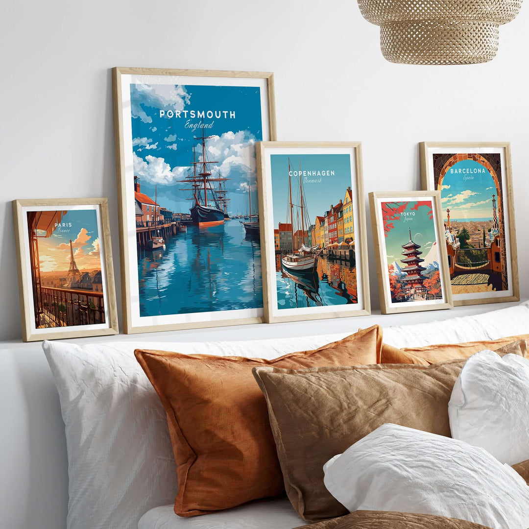 Portsmouth Victory Ship Harbour Print | Maritime History Wall Art displayed among other maritime wall art in a cozy home setting.