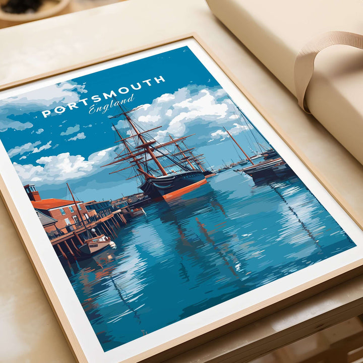 Portsmouth Victory Ship Harbour Print | Maritime History Wall Art showcasing a beautiful harbor scene in Portsmouth, England.