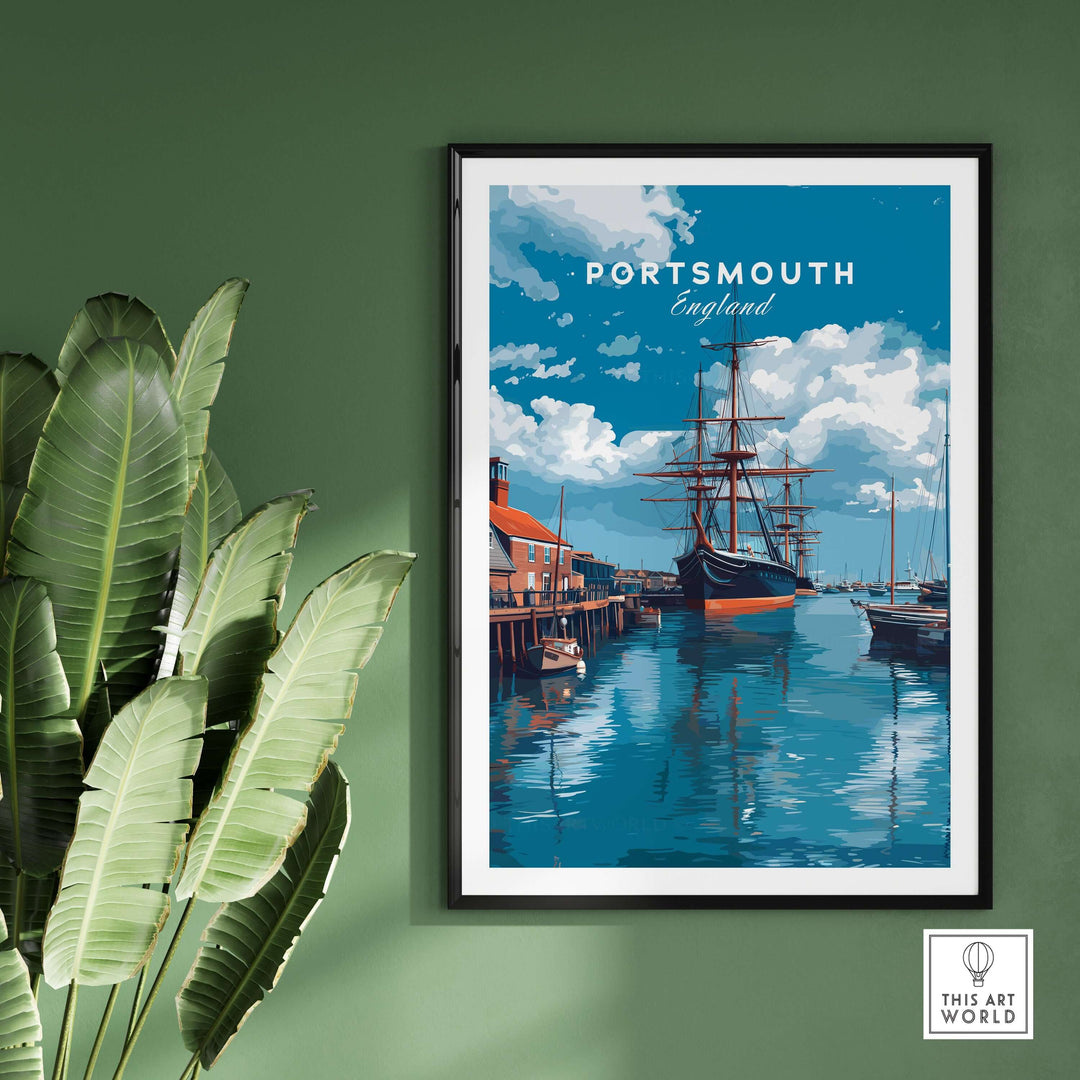 Portsmouth Victory Ship Harbour Print | Maritime History Wall Art showcasing a ship and harbor scene in Portsmouth.