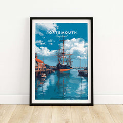 Portsmouth Victory Ship Harbour Print | Maritime History Wall Art in a framed display against a minimalistic wall.