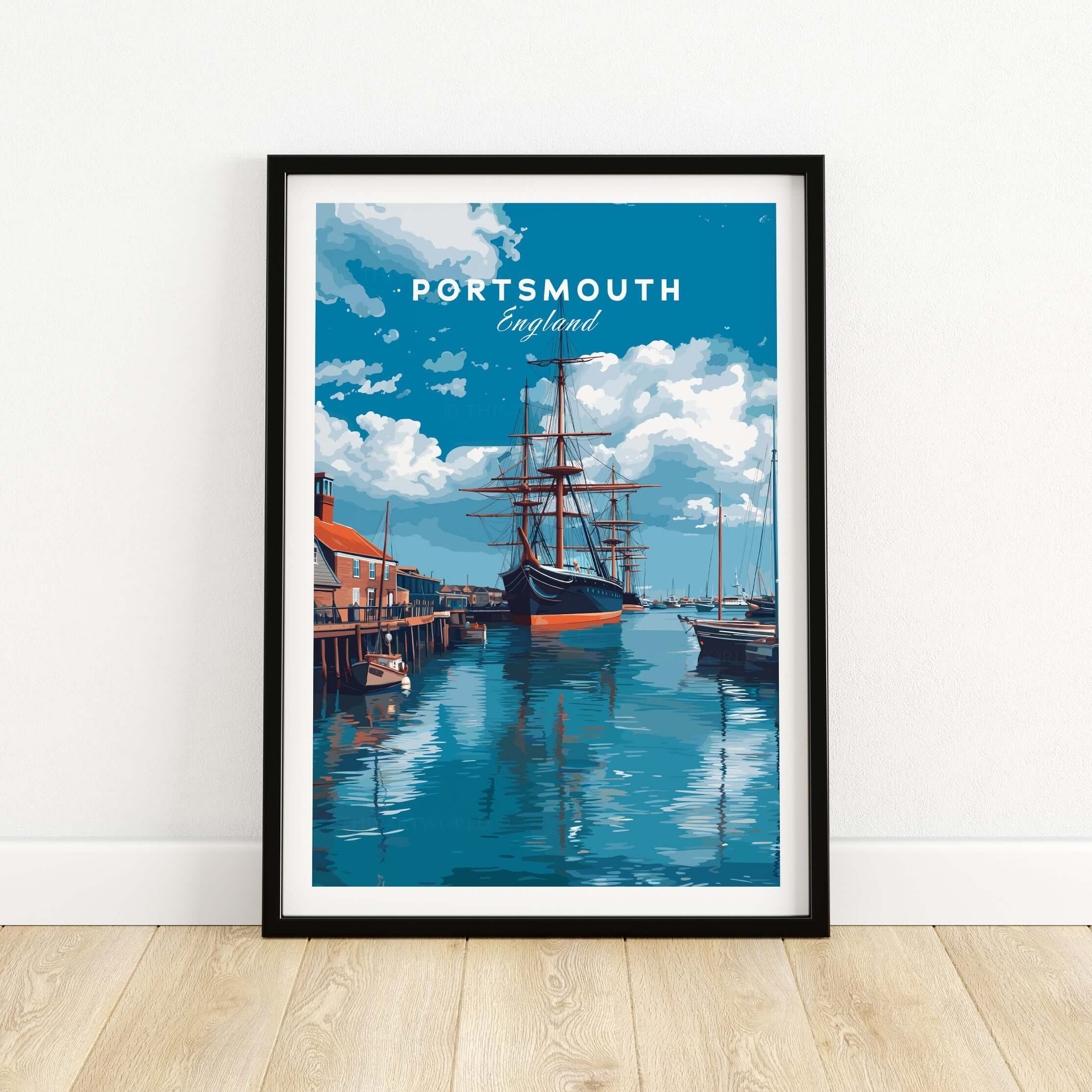 Portsmouth Victory Ship Harbour Print | Maritime History Wall Art in a framed display against a minimalistic wall.