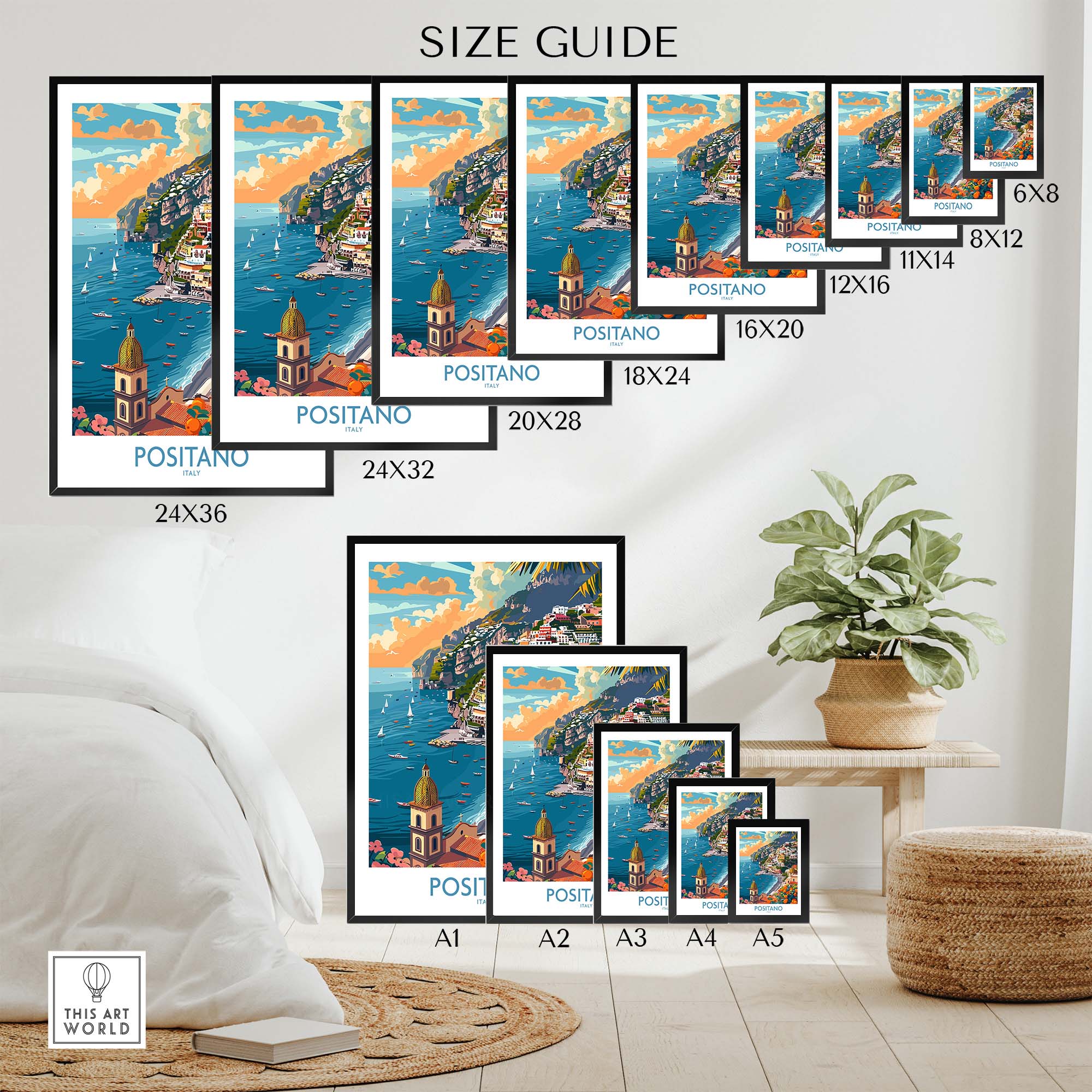 Positano Coastal Landscape Print - Add a Touch of Italian Charm to Your Home Size Guide with framed options