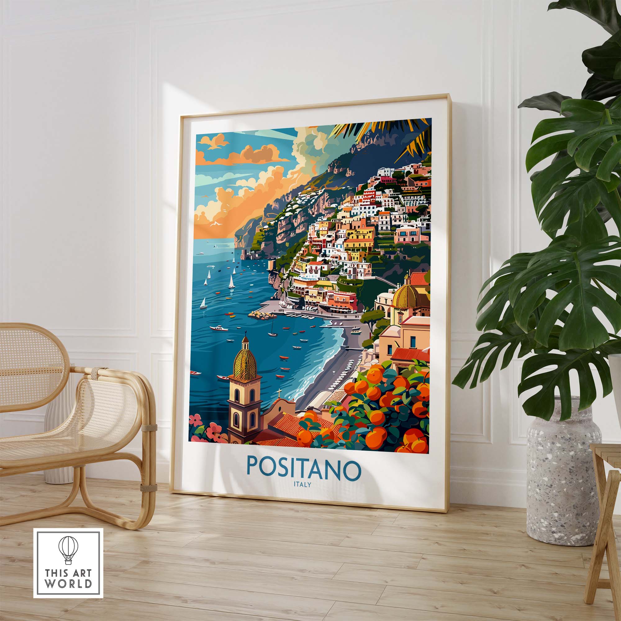 Positano Coastal Landscape Print - Add a Touch of Italian Charm to Your Home, showcasing scenic Positano village and coastline.