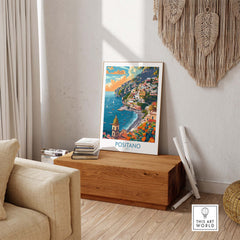 Positano Coastal Landscape Print - Add a Touch of Italian Charm to Your Home showcased in a stylish interior setting.