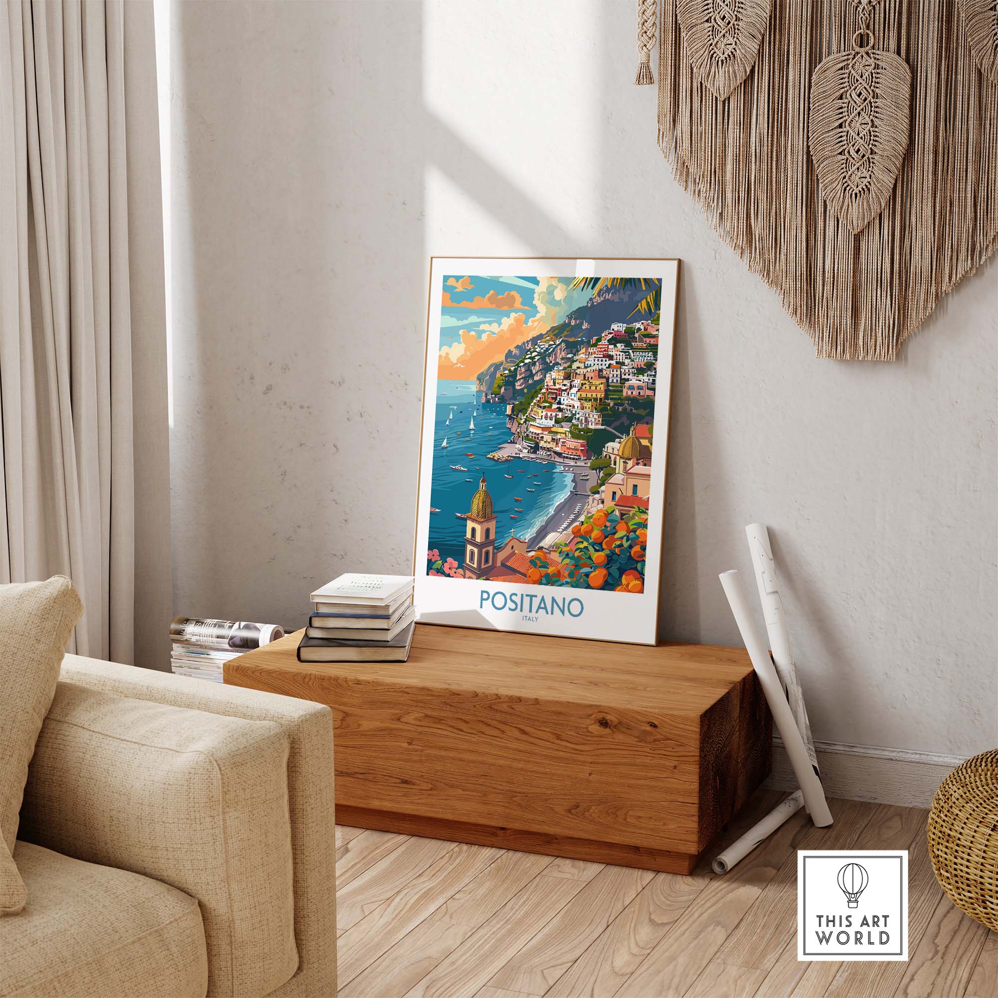 Positano Coastal Landscape Print - Add a Touch of Italian Charm to Your Home showcased in a stylish interior setting.