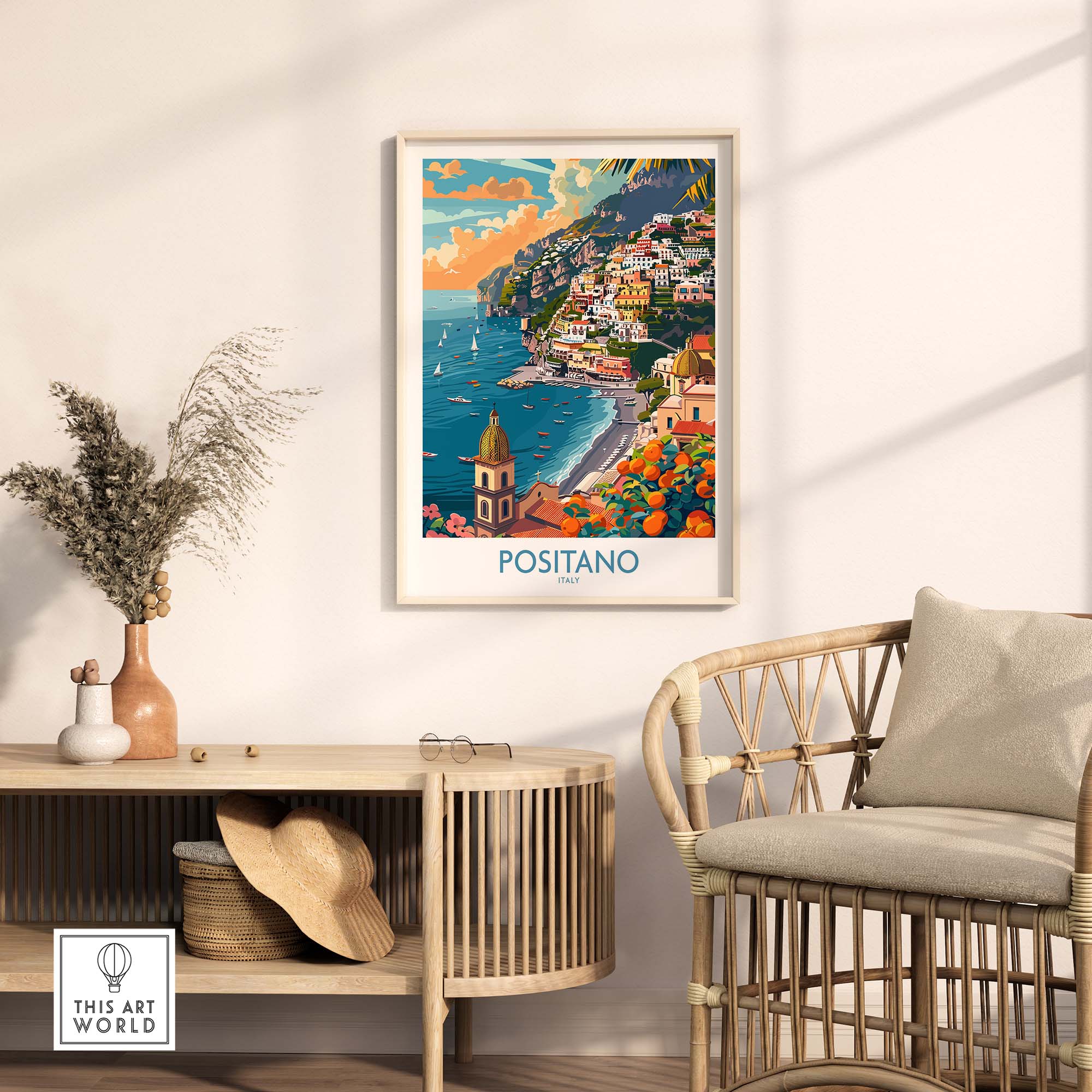 Positano Coastal Landscape Print - Add a Touch of Italian Charm to Your Home in a stylish living space.