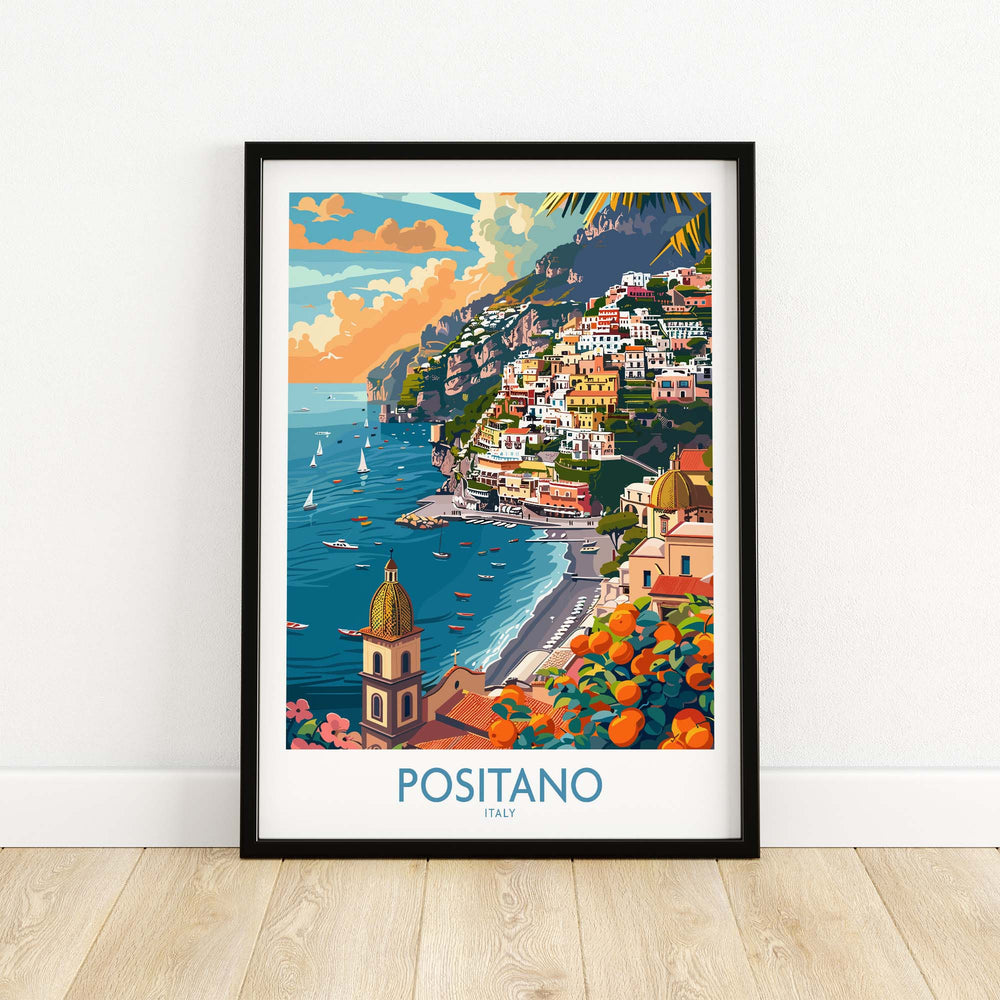 a picture of a poster of positano on a wall