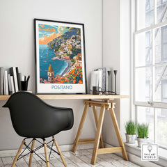 Positano Coastal Landscape Print - Add a Touch of Italian Charm to Your Home, framed art in a stylish interior setting.