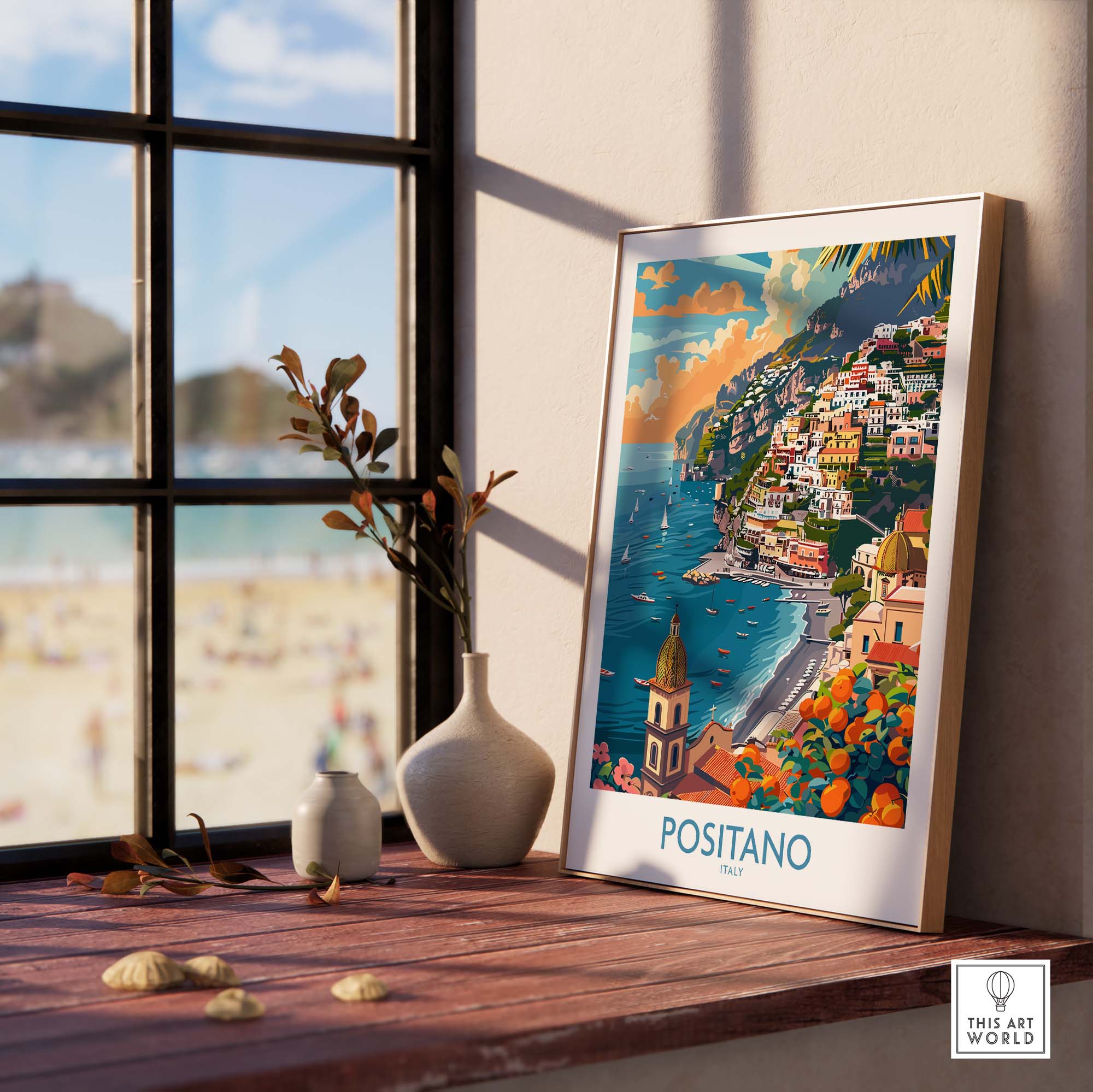 Positano Coastal Landscape Print - Add a Touch of Italian Charm to Your Home on a windowsill with beach view