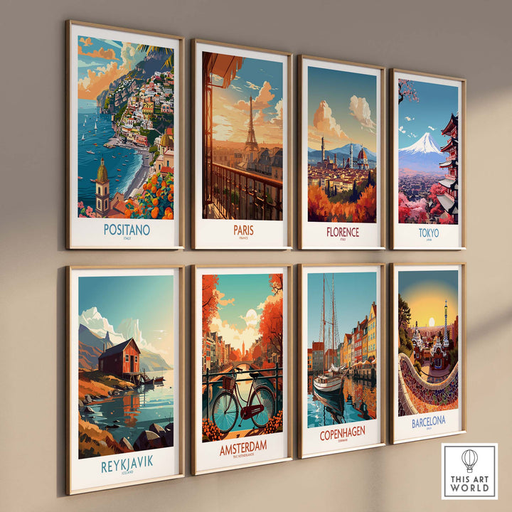 a set of four travel posters hanging on a wall