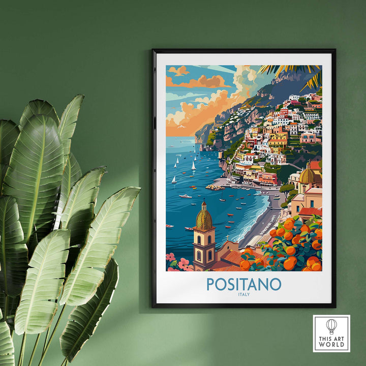 a green wall with a picture of positano on it