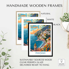 Handmade wooden frames for the Positano Coastal Landscape Print, featuring natural, white, and black options.