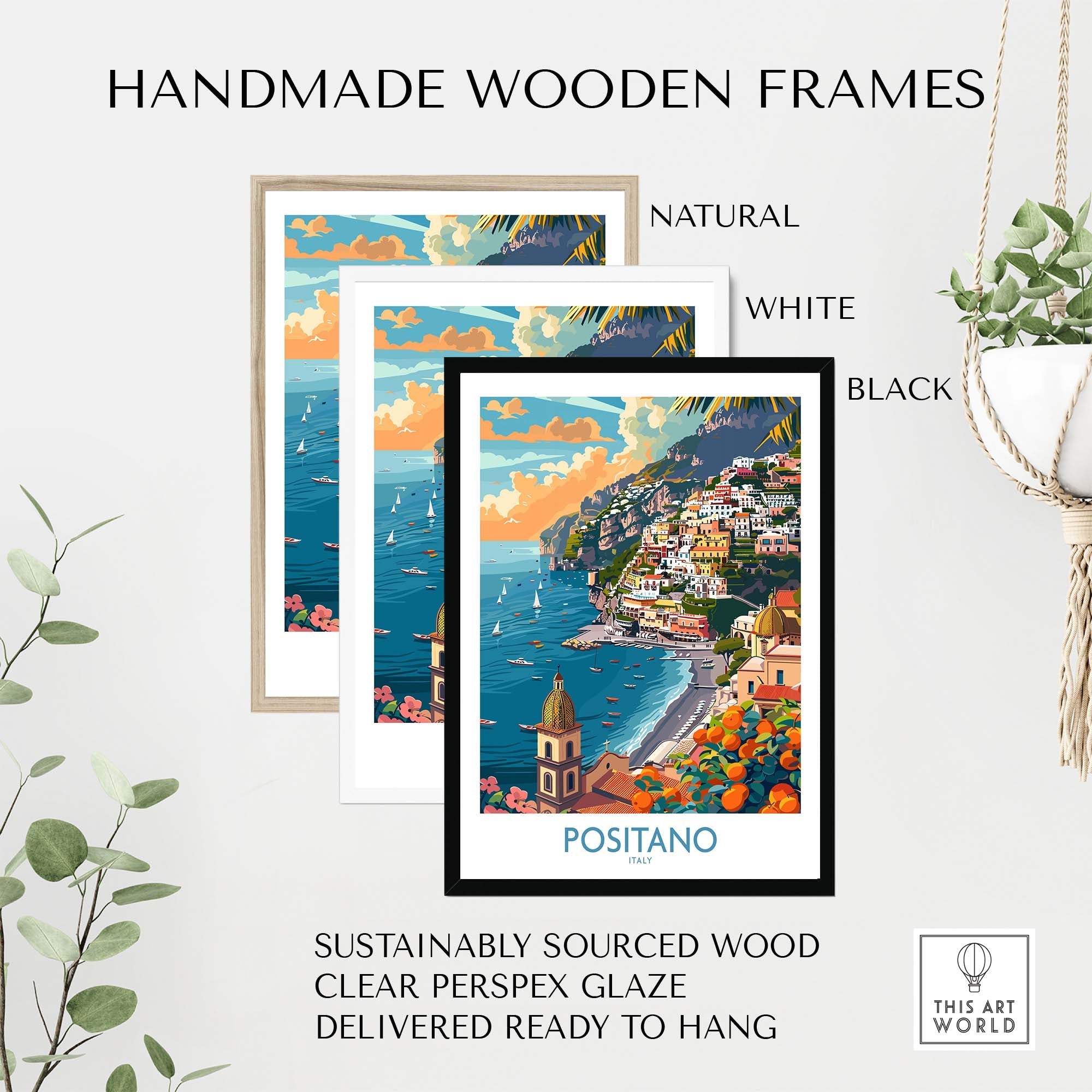 Handmade wooden frames for the Positano Coastal Landscape Print, featuring natural, white, and black options.
