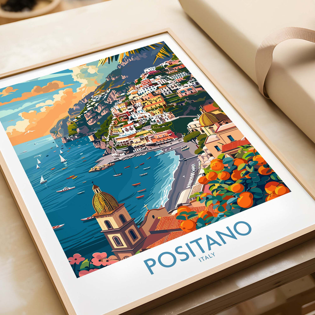 a picture of a poster of positano on a table