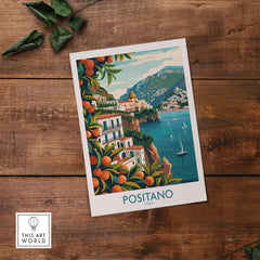 Positano Wall Art depicting colorful coastal scenery with charming houses and sailing boats in Italy.