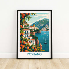 Positano Wall Art showcasing a colorful Italian coastal scene with vibrant oranges and boats on the water.