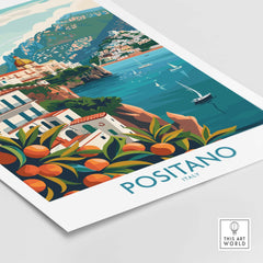 Positano Wall Art featuring a vibrant depiction of the coastal city of Positano, Italy with lush oranges and scenic views.
