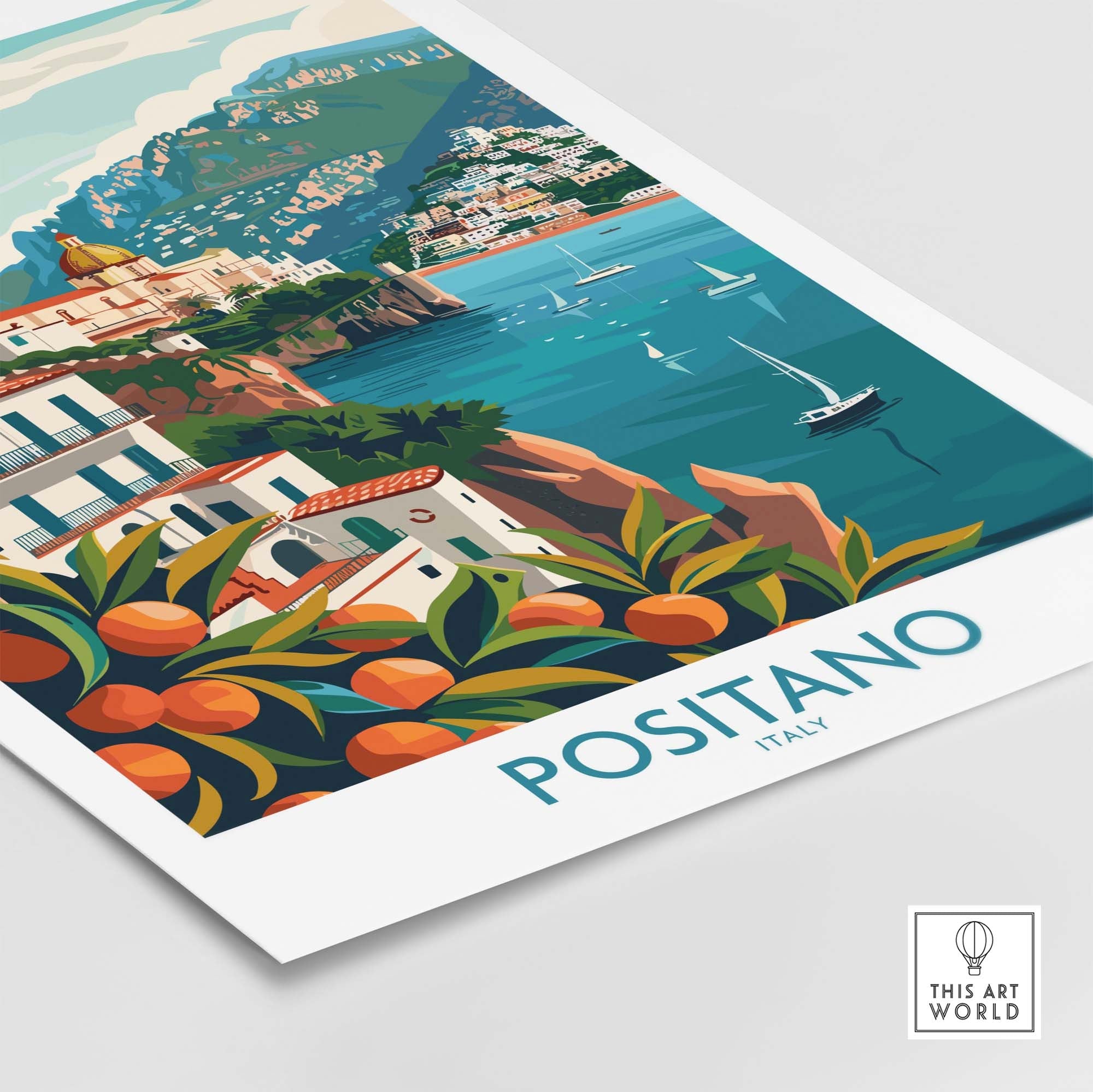Positano Wall Art featuring a vibrant depiction of the coastal city of Positano, Italy with lush oranges and scenic views.
