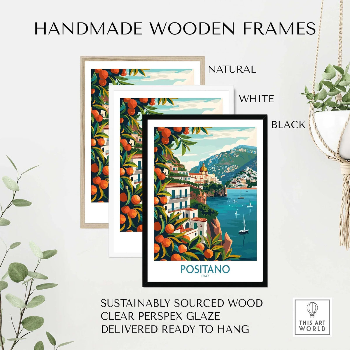 Positano Wall Art displayed in handmade wooden frames: natural, white, and black with vibrant orange trees.