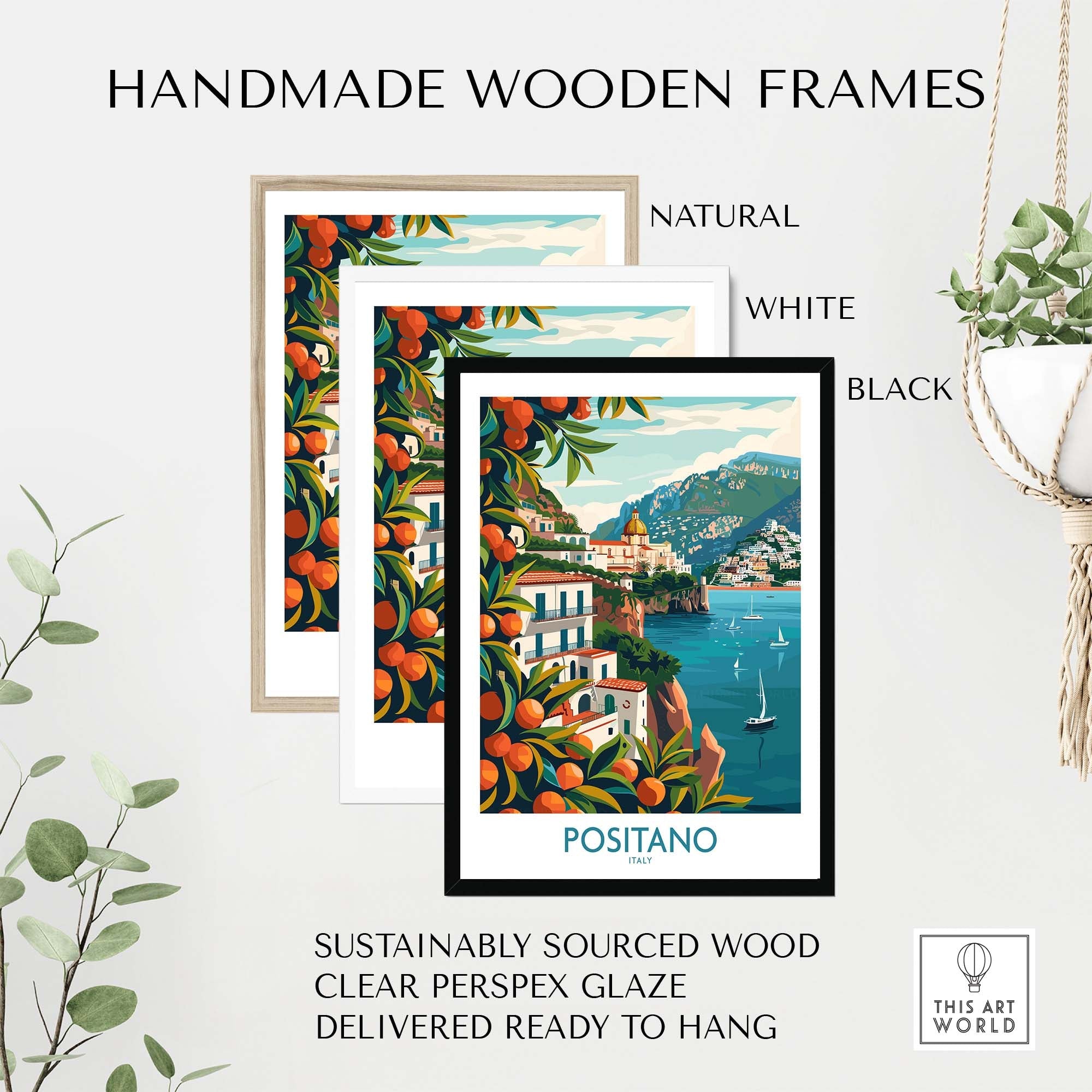 Positano Wall Art displayed in handmade wooden frames: natural, white, and black with vibrant orange trees.