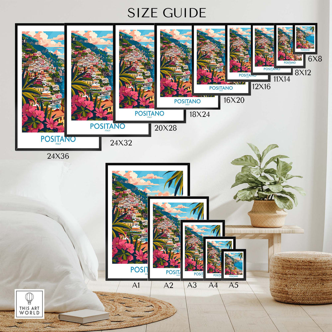 Positano Wall Art Coastal Print size guide for home or office decor, various dimensions displayed in modern room setting.