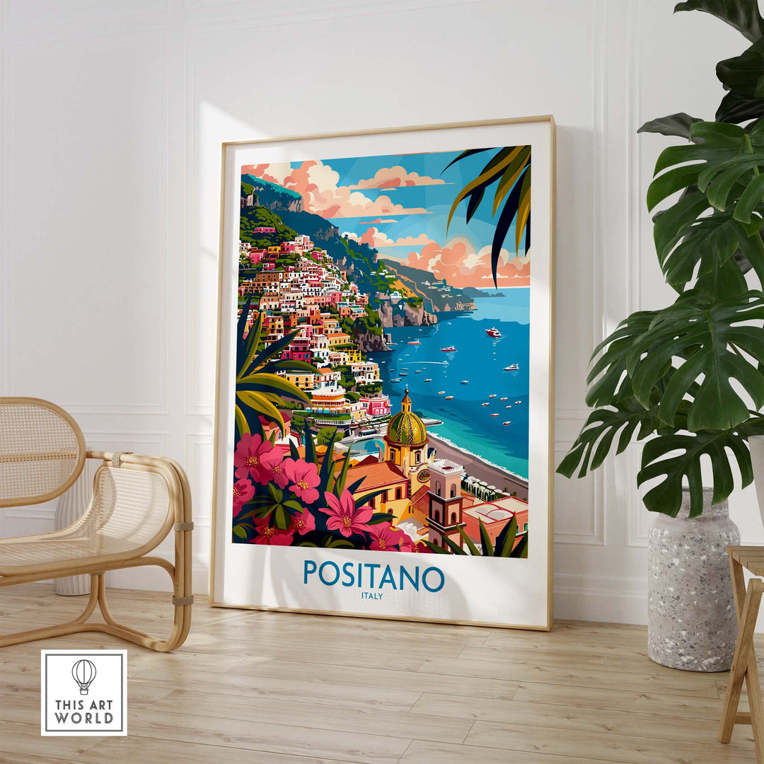 Positano Wall Art Coastal Print for home or office decor showcasing the picturesque Italian town with vibrant colors.