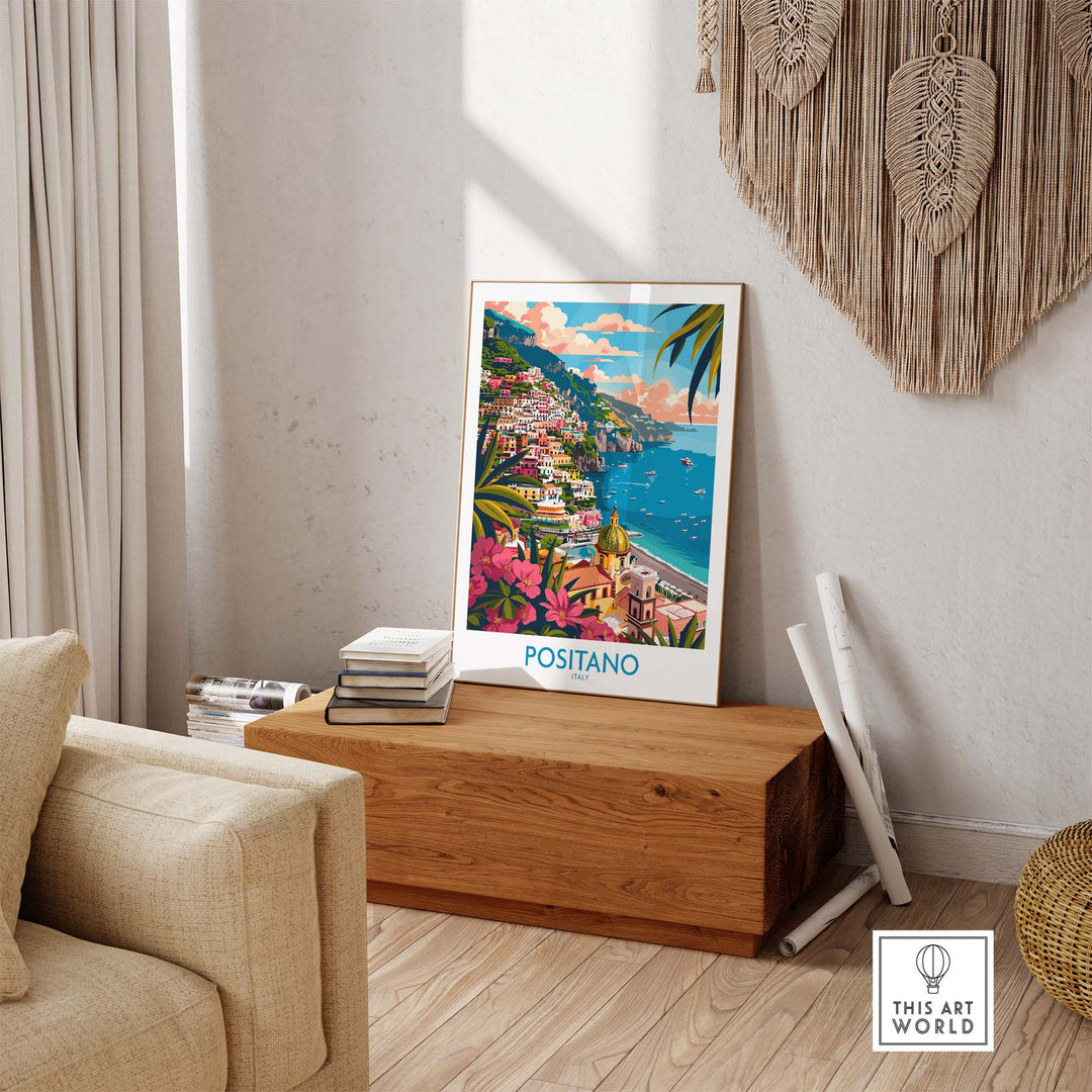 Positano Wall Art Coastal Print for Home or Office Decor displayed in a cozy living room setting.