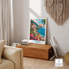 Positano Wall Art Coastal Print for Home or Office Decor featuring a vibrant coastal scene.