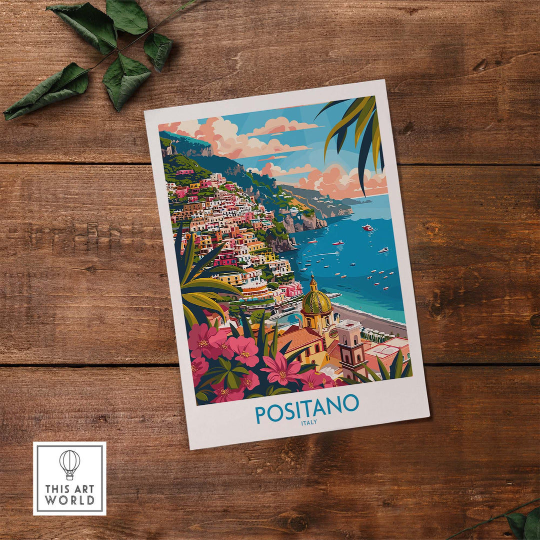 Positano Wall Art Coastal Print for Home or Office Decor featuring Italian town on wooden background