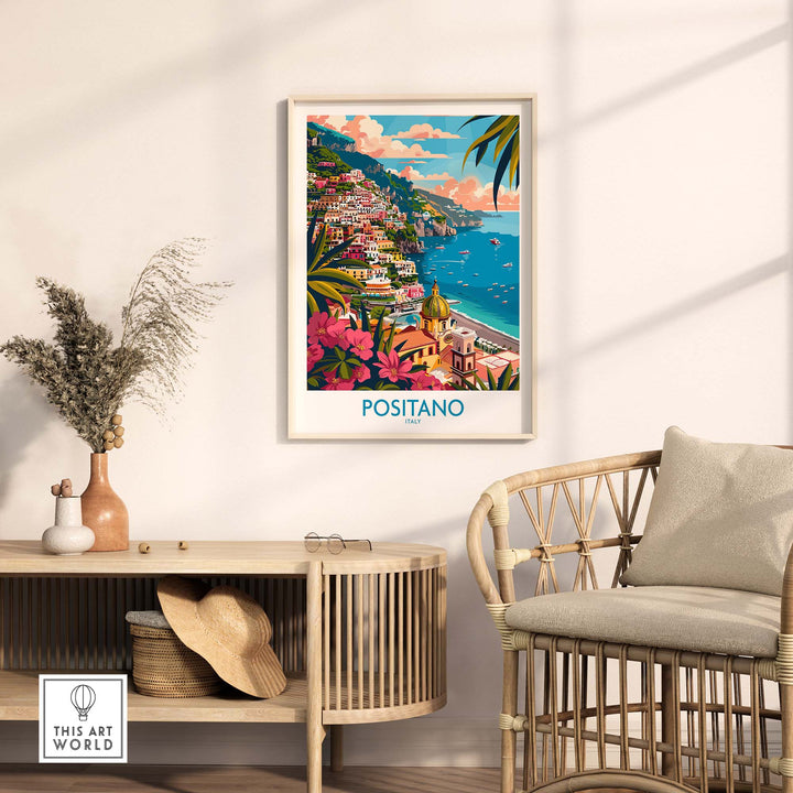 Positano Wall Art Coastal Print for Home or Office Decor displayed in a stylish room with wicker furniture and potted plants.