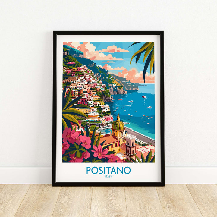 Positano Wall Art Coastal Print for Home or Office Decor featuring a vibrant view of the iconic Italian town by the sea.