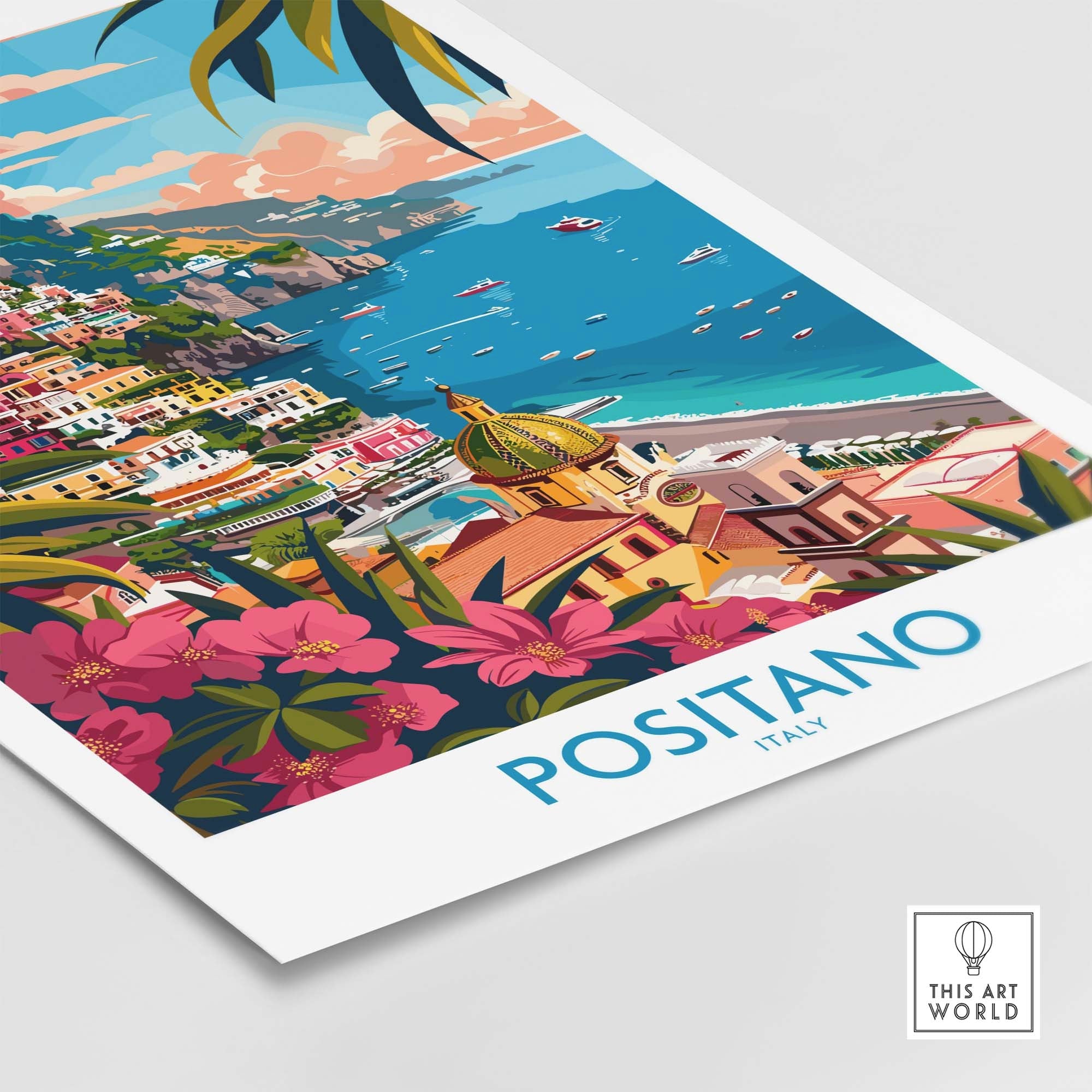 Positano Wall Art Coastal Print for Home or Office Decor showcasing the vibrant Italian coastal town.