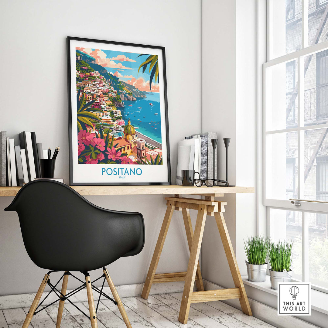 Positano Wall Art Coastal Print for Home or Office Decor displayed in modern workspace with chair and desk