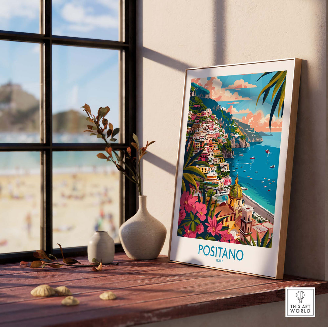 Positano Wall Art Coastal Print for Home or Office Decor - Stunning Italian town print on a windowsill near the beach.