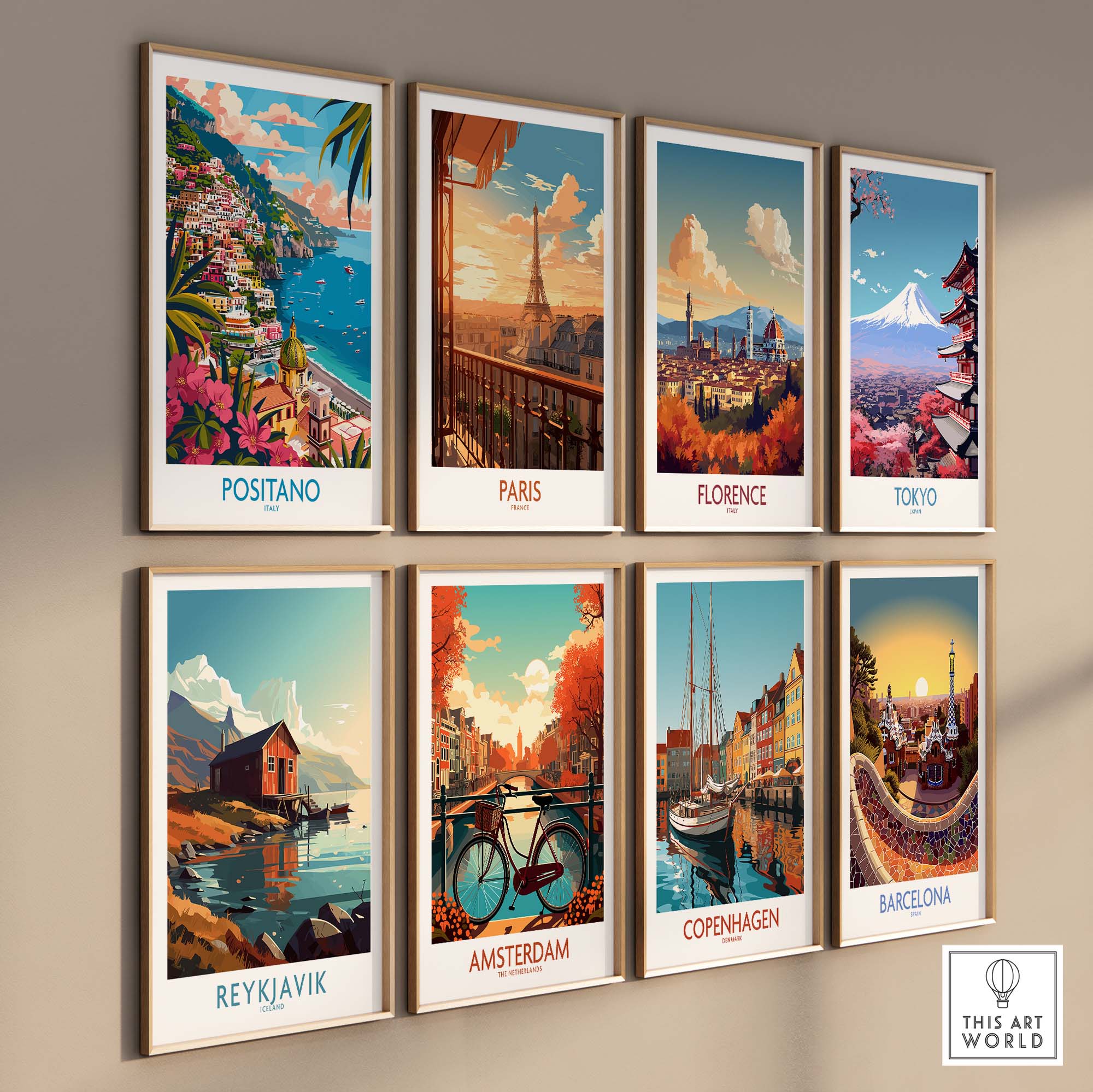 Positano Wall Art Coastal Print for Home or Office Decor showcasing vibrant travel destinations.