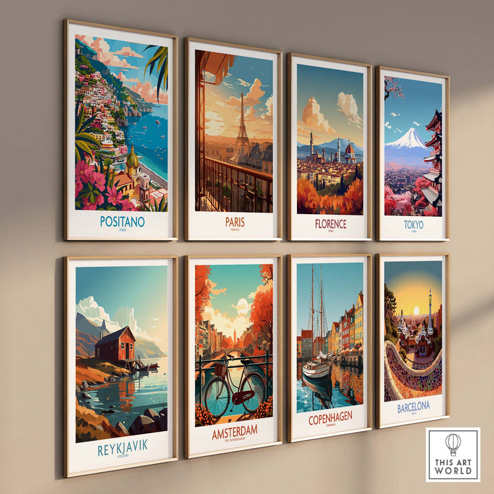 Wall art prints of iconic cities including Positano, Paris, Florence, Tokyo, Reykjavik, Amsterdam, Copenhagen, and Barcelona for home or office decor